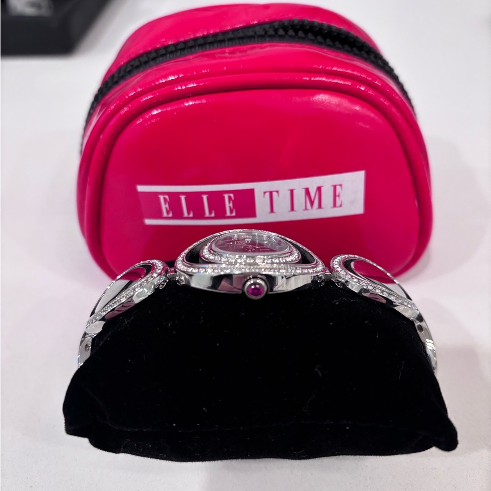 ELLE Time Rhinestone Bracelet Watch Silver Black Dial NWT Gift Box